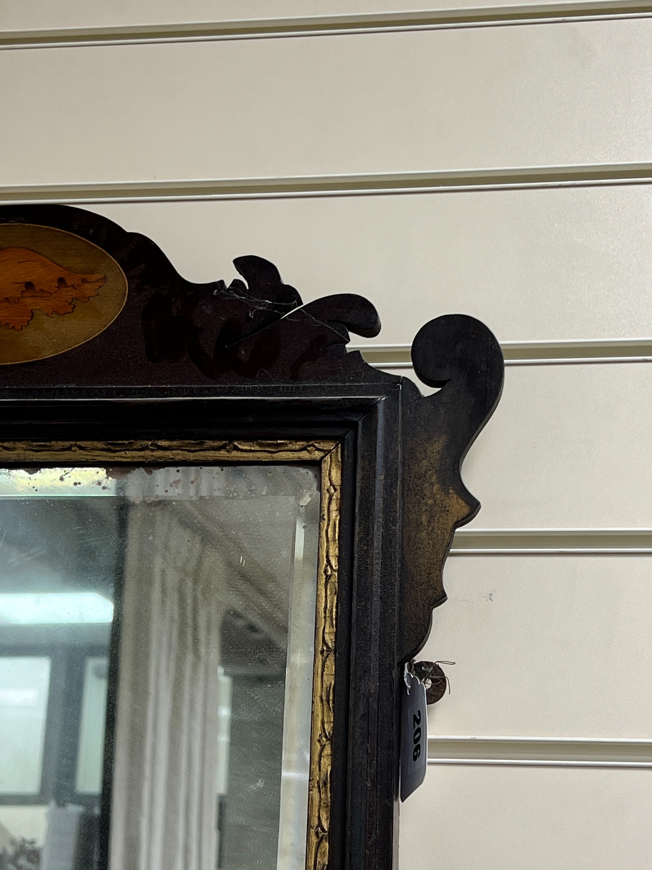 A George III style inlaid fret cut wall mirror, width 52cm, height 80cm